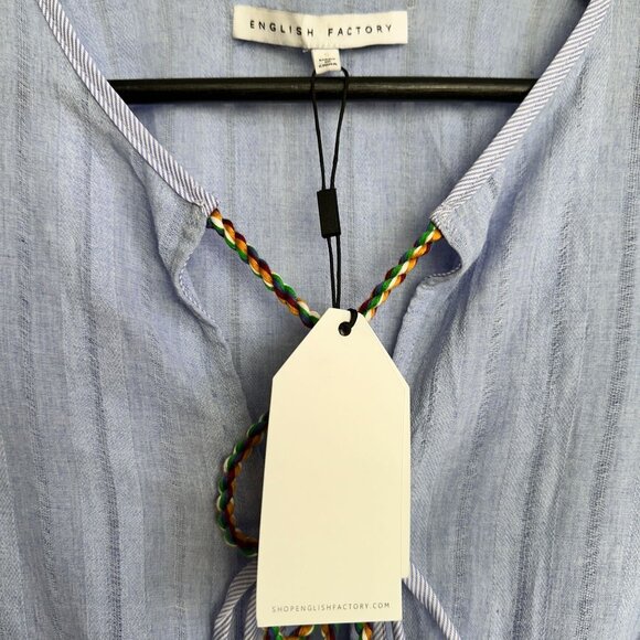 English Factory Blue Layered Cotton Tie Front Pom Pom Blouse S - Picture 7 of 8